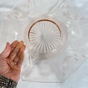 Polygon Shaped Pink Serving Plate Vintage Etched Glass Floral Pattern